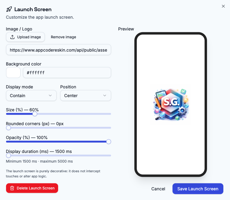 Launch Screen panel with smartphone preview