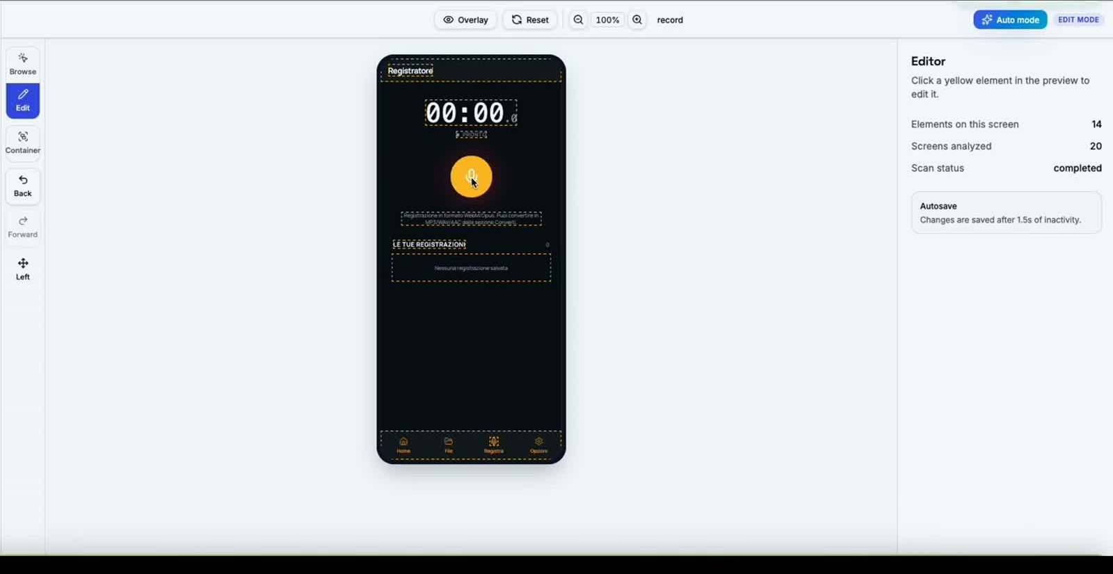 Editor visuale con elementi modificabili