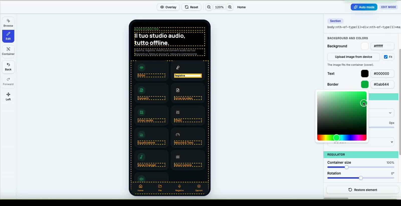 Editor in modalità Browse — preview reale dell'app